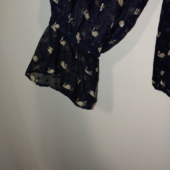 RSVPTalbots Fancy Swans Print Long Sleeves Blouse Size XL Black - Picture 4 of 9